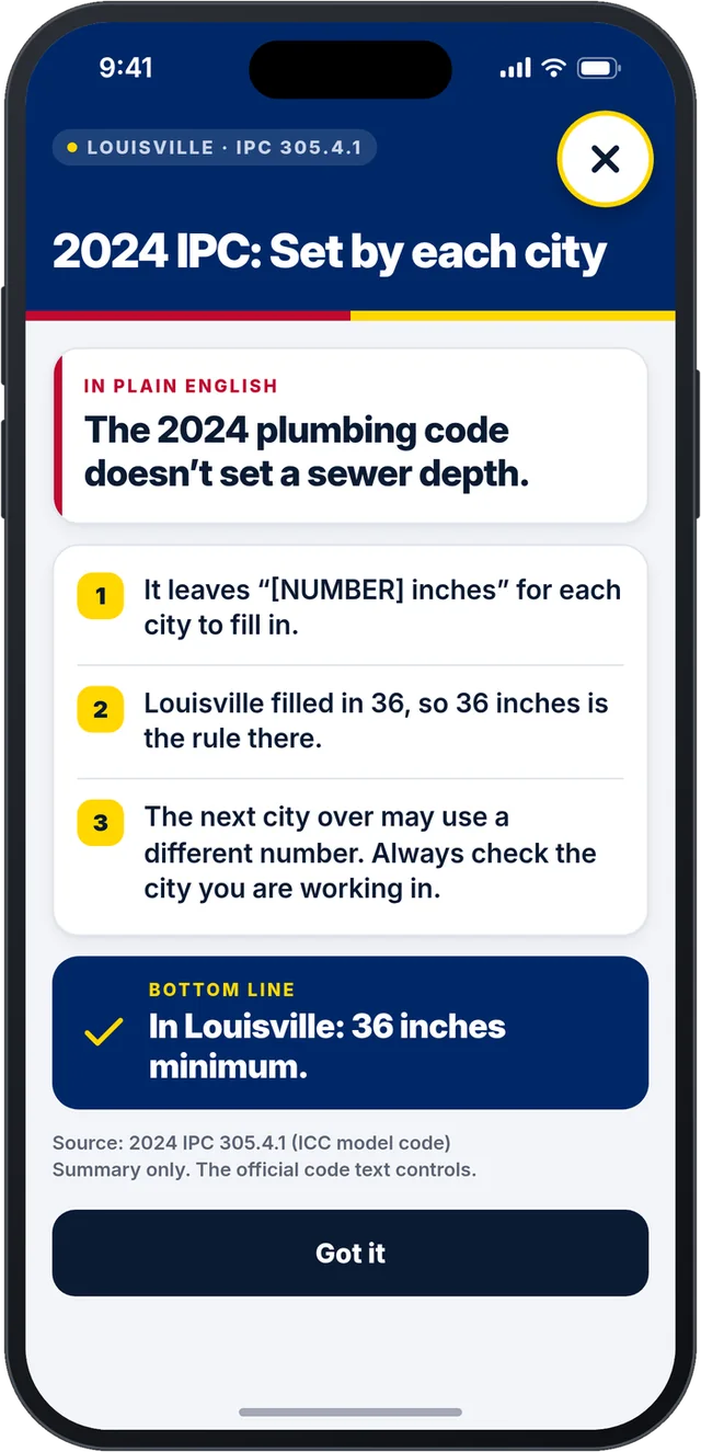 Full-screen explainer pop-up for Louisville IPC 305.4.1 with a close X in the top-right corner