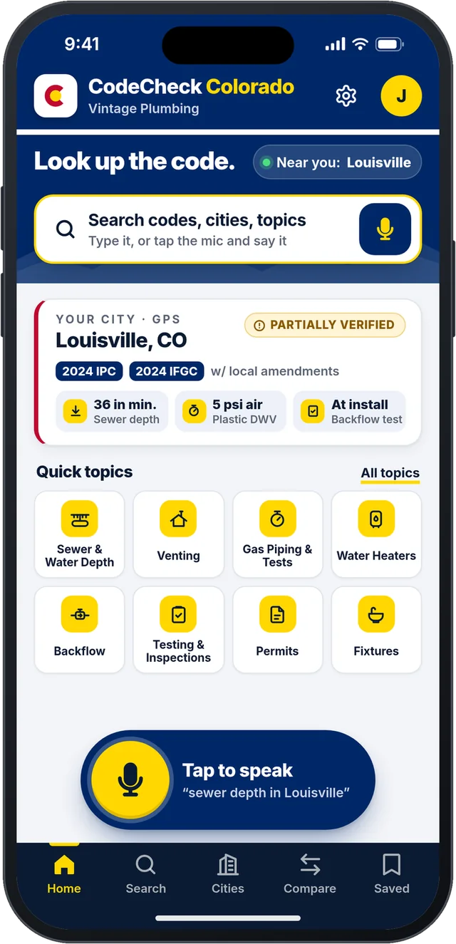 App home screen: GPS card shows Louisville, CO with 2024 IPC and IFGC and local amendments, plus quick topics
