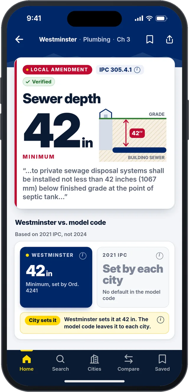 Verified Westminster amendment: IPC 305.4.1 sewer depth 42 inches minimum, set by Ord. 4241