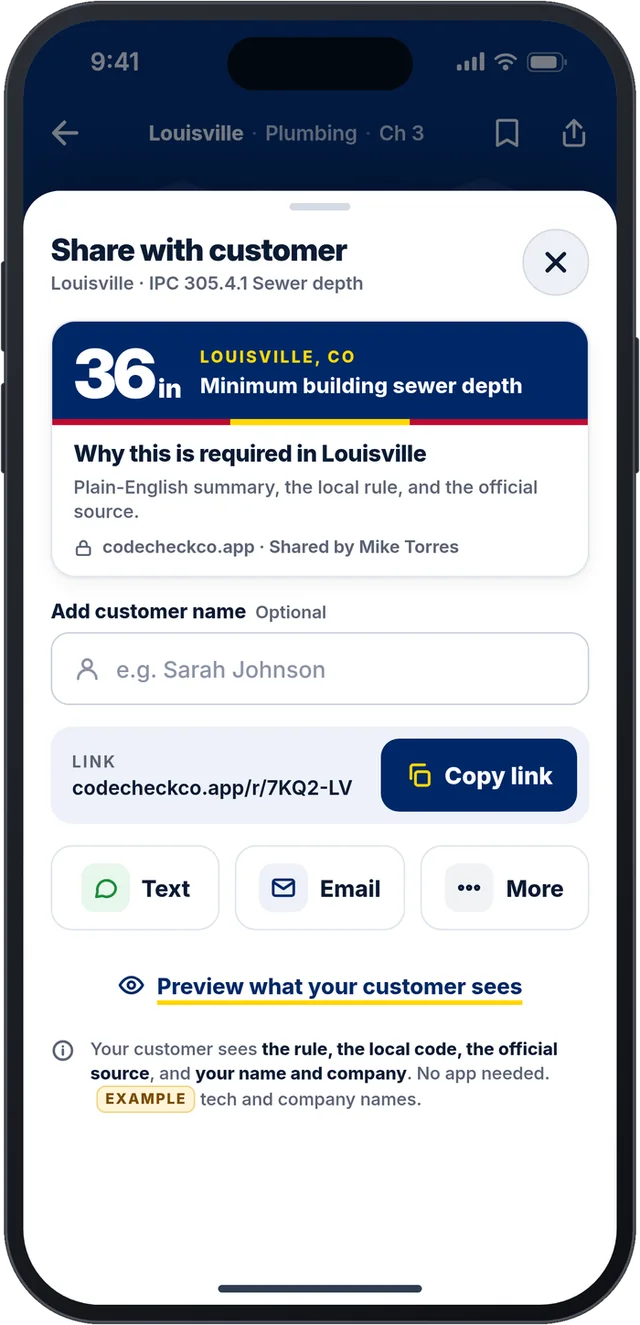 Share with customer sheet with a link, Copy link, Text and Email options